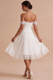 Off The Shoulder A-Line Ruched Midi Little White Dress with Lace