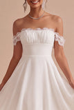 Off The Shoulder A-Line Ruched Midi Little White Dress with Lace