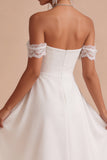 Off The Shoulder A-Line Ruched Midi Little White Dress with Lace