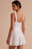 Sparkly Sequins Square Neck A-Line Mini Little White Dress