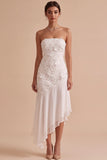 Strapless White Floral Appliqued Sheath Asymmetrical High-Low Hem Engagement Dress