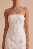 Strapless White Floral Appliqued Sheath Asymmetrical High-Low Hem Engagement Dress
