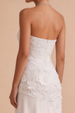 Strapless White Floral Appliqued Sheath Asymmetrical High-Low Hem Engagement Dress
