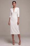 White Sheath V-Neck Midi Engagement Dress with 3/4 Sleeves