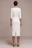 White Sheath V-Neck Midi Engagement Dress with 3/4 Sleeves