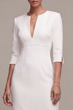 White Sheath V-Neck Midi Engagement Dress with 3/4 Sleeves
