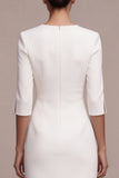 White Sheath V-Neck Midi Engagement Dress with 3/4 Sleeves