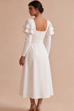 White A-Line Flutter Sleeves Square Neck Long Engagement Dress with Belt