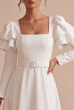 White A-Line Flutter Sleeves Square Neck Long Engagement Dress with Belt