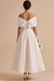 Off The Shoulder Pearls White 3D Flowers A-Line Long Engagement Dress with Bow