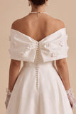 Off The Shoulder Pearls White 3D Flowers A-Line Long Engagement Dress with Bow