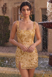 Champagne Bodycon Square Neck Sequins Appliqued Short Cocktail Dress