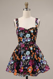 Black A-Line Sweetheart Floral Short Homecoming Dress