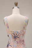 Pink Corset Bodycon Square Neck Mini Homecoming Dress with Appliques