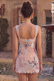 Pink Corset Bodycon Square Neck Mini Homecoming Dress with Appliques