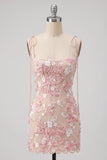 Pink Corset Sheath Spaghetti Straps Short Homecoming Dress with Appliques