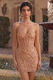 Champagne Bodycon Pearl Corset Strapless Beaded Short Homecoming Dress
