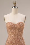 Champagne Bodycon Pearl Corset Strapless Beaded Short Homecoming Dress