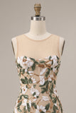 Light Khaki Corset Illusion Neck Sequin Floral Short Homecoming Dress with Side Slit