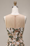 Light Khaki Corset Illusion Neck Sequin Floral Short Homecoming Dress with Side Slit
