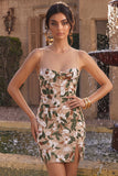 Light Khaki Corset Illusion Neck Sequin Floral Short Homecoming Dress with Side Slit