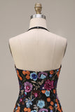 Black Bodycon Halter Backless Floral Short Homecoming Dress with Sequins