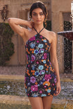 Black Bodycon Halter Backless Floral Short Homecoming Dress with Sequins