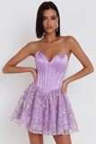 Lilac Corset Sequins Appliques Satin A-Line Strapless Short Cocktail Dress