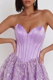 Lilac Corset Sequins Appliques Satin A-Line Strapless Short Cocktail Dress