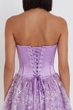 Lilac Corset Sequins Appliques Satin A-Line Strapless Short Cocktail Dress