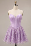 Lilac Corset Sequins Appliques Satin A-Line Strapless Short Cocktail Dress