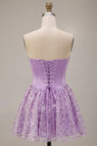 Lilac Corset Sequins Appliques Satin A-Line Strapless Short Cocktail Dress