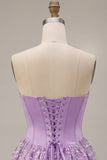 Lilac Corset Sequins Appliques Satin A-Line Strapless Short Cocktail Dress