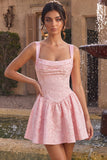 Pink Square Neck Jacquare Basque Waist Thick Straps A-Line Short Cocktail Dress