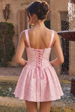 Pink Square Neck Jacquare Basque Waist Thick Straps A-Line Short Cocktail Dress