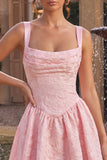 Pink Square Neck Jacquare Basque Waist Thick Straps A-Line Short Cocktail Dress