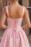 Pink Square Neck Jacquare Basque Waist Thick Straps A-Line Short Cocktail Dress