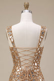 Gold Mirror Sequins Tulle Bodycon Thick Straps Short Cocktail Dress with Side Slit