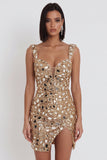 Gold Mirror Sequins Tulle Bodycon Thick Straps Short Cocktail Dress with Side Slit