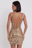 Gold Mirror Sequins Tulle Bodycon Thick Straps Short Cocktail Dress with Side Slit