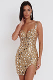 Gold Mirror Sequins Tulle Bodycon Thick Straps Short Cocktail Dress with Side Slit