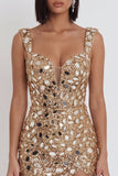 Gold Mirror Sequins Tulle Bodycon Thick Straps Short Cocktail Dress with Side Slit