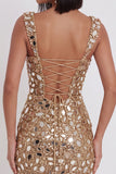 Gold Mirror Sequins Tulle Bodycon Thick Straps Short Cocktail Dress with Side Slit