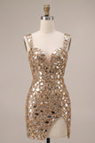 Gold Mirror Sequins Tulle Bodycon Thick Straps Short Cocktail Dress with Side Slit