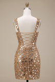 Gold Mirror Sequins Tulle Bodycon Thick Straps Short Cocktail Dress with Side Slit