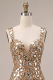 Gold Mirror Sequins Tulle Bodycon Thick Straps Short Cocktail Dress with Side Slit