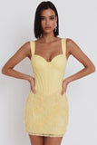 Light Yellow Corset Pearls Floral Appliques Thick Straps Bodycon Short Cocktail Dress