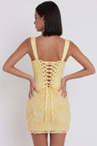Light Yellow Corset Pearls Floral Appliques Thick Straps Bodycon Short Cocktail Dress