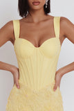 Light Yellow Corset Pearls Floral Appliques Thick Straps Bodycon Short Cocktail Dress