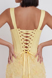 Light Yellow Corset Pearls Floral Appliques Thick Straps Bodycon Short Cocktail Dress